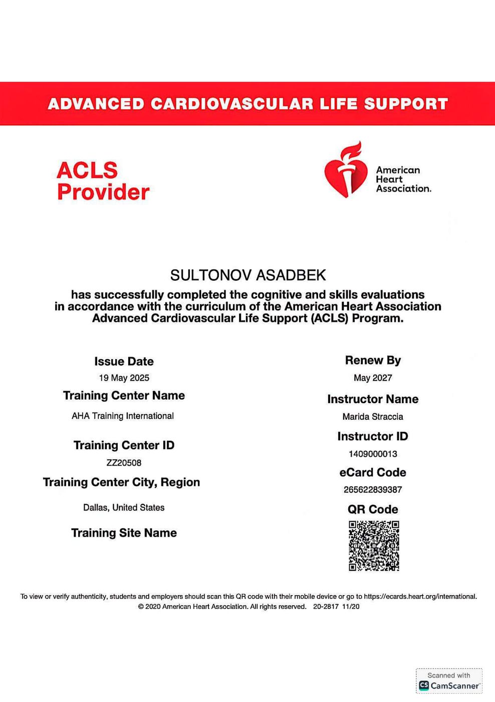 American Heart Association ACLS provider certificate