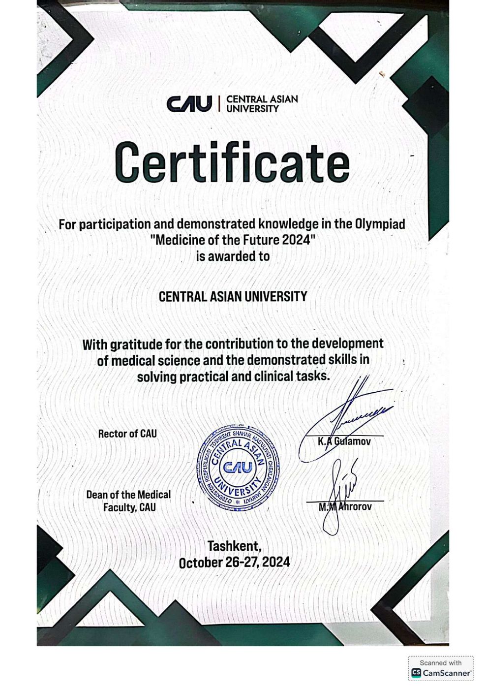 Certificate for the Medicine of the Future 2024 olympiad at Central Asian University