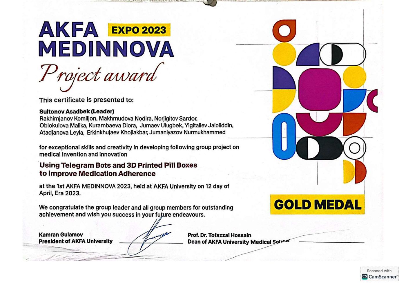 Gold medal project award certificate from AKFA Medinnova Expo 2023