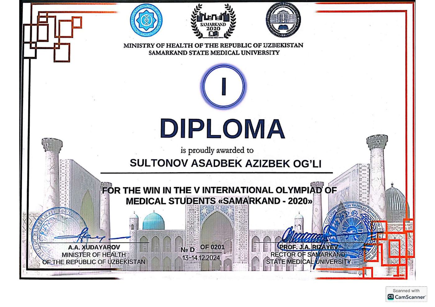 First place diploma from the V International Olympiad of Medical Students, Samarkand 2024