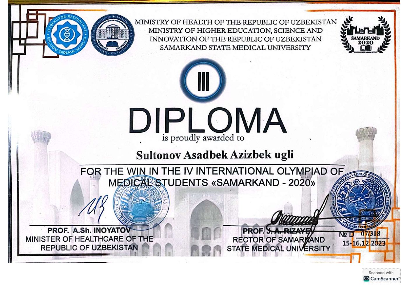 Third place diploma from the IV International Olympiad of Medical Students, Samarkand 2023